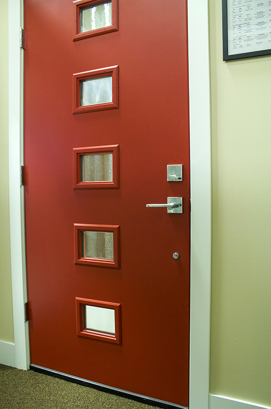 red door with 6 vertical windows